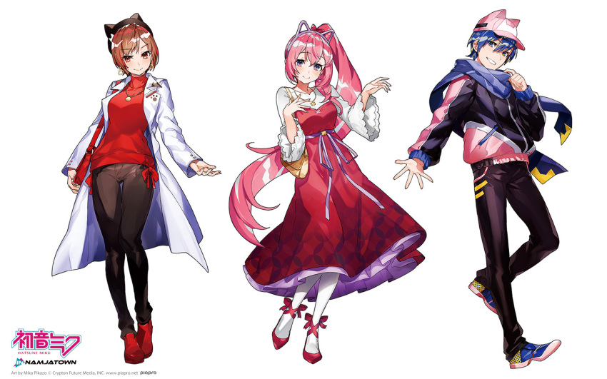 1boy 2girls alternate_costume animal_ears black_pants blue_eyes blue_hair brown_hair coat collarbone contrapposto dress earrings fake_animal_ears full_body grin head_tilt highres jacket jewelry kaito leg_up long_hair looking_at_viewer megurine_luka meiko mika_pikazo multiple_girls necklace official_art pants pink_hair ponytail red_eyes red_sweater scarf shoes short_hair simple_background smile sneakers sweater thigh_gap very_long_hair violet_eyes vocaloid white_coat wide_sleeves