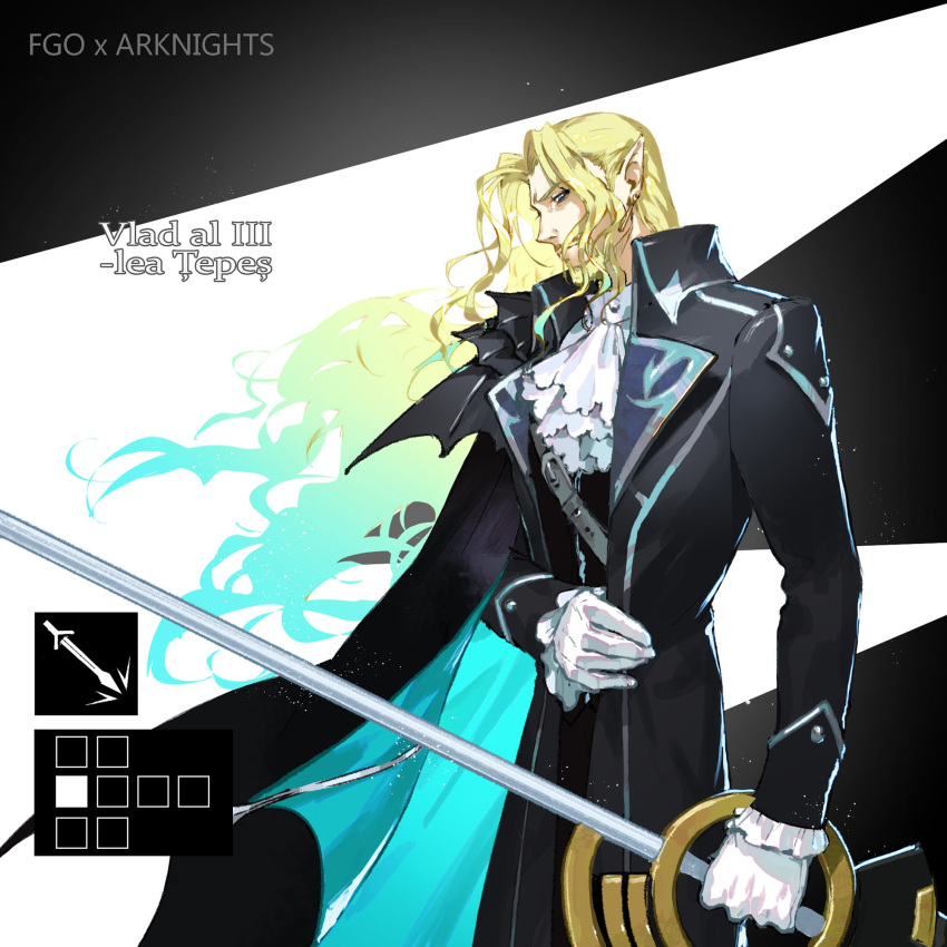 1boy arknights ascot bang blonde_hair blue_eyes blue_hair coat elle_shengxuan_shi fate/grand_order fate_(series) finger_gun gloves highres holding holding_weapon looking_at_viewer male_focus multicolored_hair pointy_ears polearm spear two-tone_hair upper_body vampire vlad_iii_(fate/apocrypha) weapon