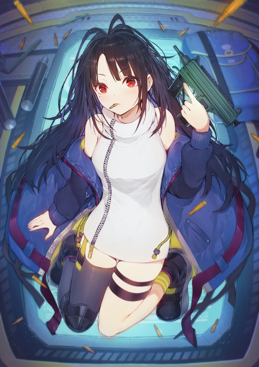 1girl absurdres black_hair bullet bullet_in_mouth c-ms_(girls_frontline) cbj-ms dress girls_frontline gun highres holding holding_gun holding_weapon huge_filesize jacket knee_pads long_hair looking_at_viewer mismatched_legwear mole mole_under_eye red_eyes shoes simple_background single_knee_pad single_thighhigh skindentation sneakers solo submachine_gun takeno_(hashi_falcon) thigh-highs thigh_strap trigger_discipline very_long_hair weapon zipper