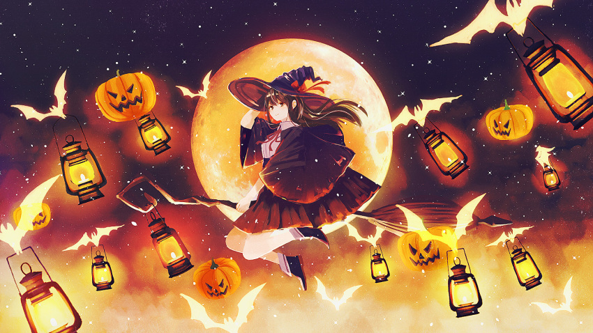 1girl bat black_footwear black_headwear black_skirt bow broom broom_riding craft-cs halloween hand_up hat hat_bow jack-o'-lantern lantern looking_at_viewer moon original pleated_skirt pumpkin red_bow shoes skirt sky smile solo star_(sky) starry_sky wide_sleeves witch witch_hat