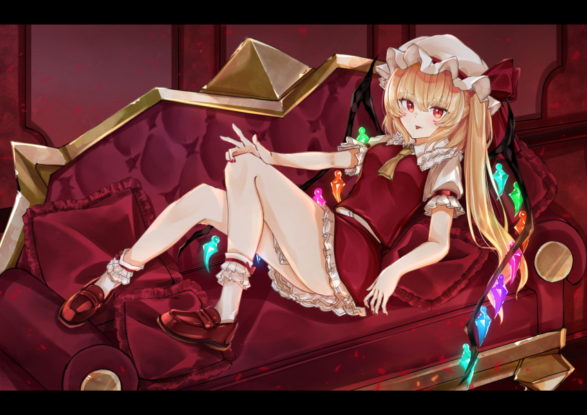 1girl ascot blonde_hair breasts couch crystal flandre_scarlet frilled_shirt frilled_skirt frilled_sleeves frills full_body hat hat_ribbon highres indoors long_hair looking_at_viewer mob_cap one_side_up red_eyes red_skirt ribbon sarasadou_dan shirt skirt solo touhou wings yellow_neckwear