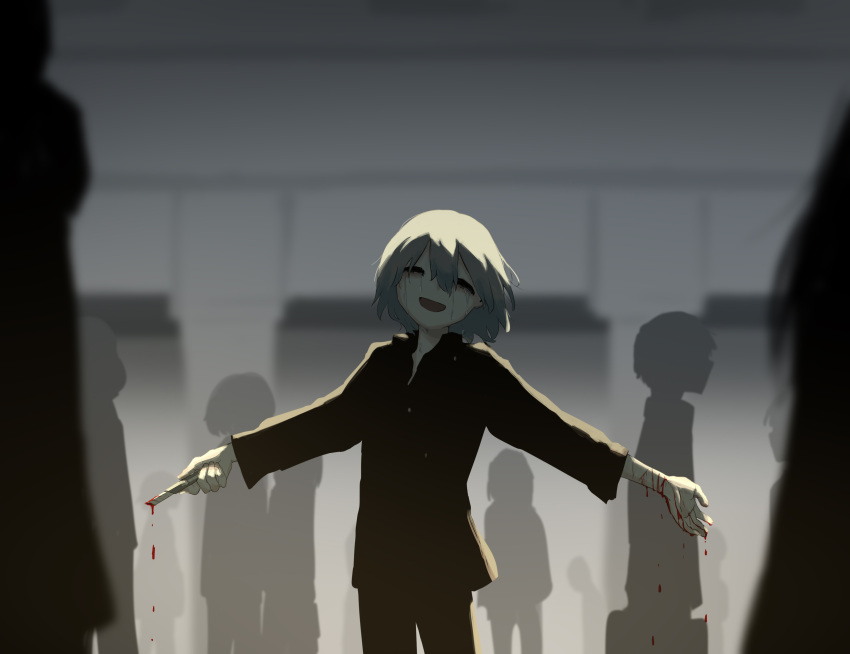 1boy :d absurdres avogado6 black_pants black_shirt bleeding blood blood_drip boxcutter crying facing_viewer grey_hair head_tilt highres holding long_sleeves male_focus open_mouth original outstretched_arms pants people sad_smile shirt smile solo_focus spread_arms standing tears