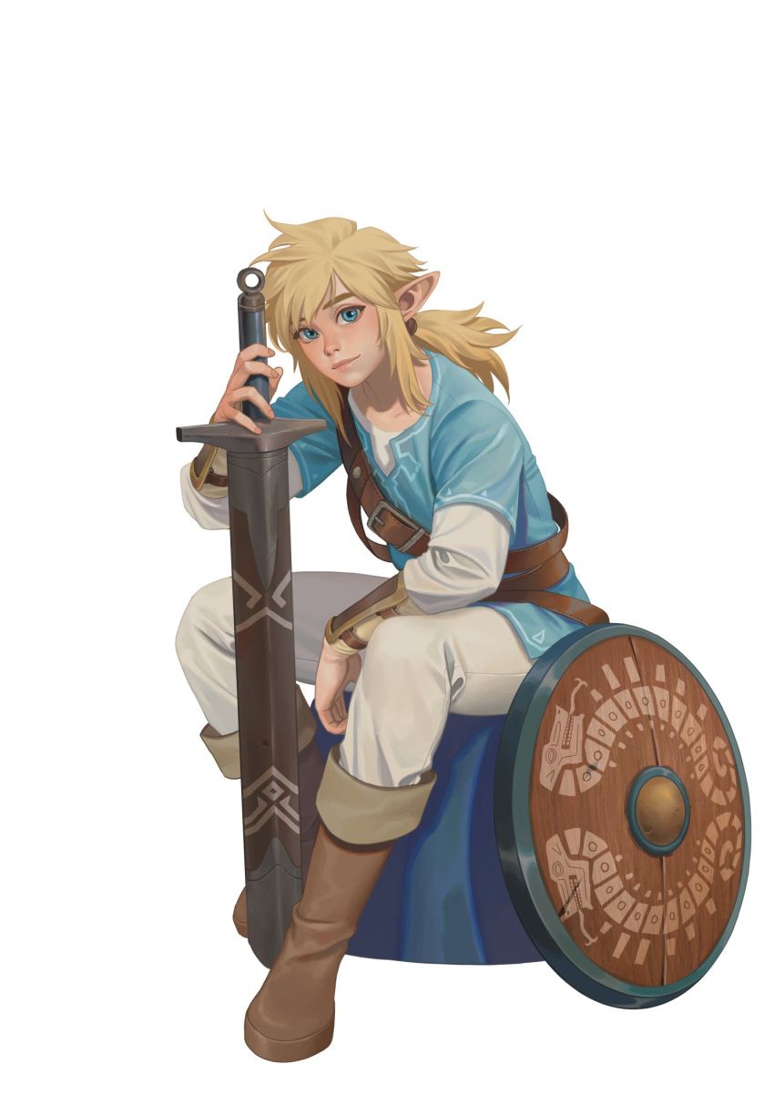 1boy bangs belt blonde_hair blue_eyes blue_shirt blush boots brown_footwear closed_mouth collarbone commentary_request full_body highres holding holding_sword holding_weapon hongcasso link long_hair long_sleeves looking_at_viewer male_focus pants pointy_ears ponytail shield shirt short_over_long_sleeves short_sleeves simple_background sitting solo sword the_legend_of_zelda the_legend_of_zelda:_breath_of_the_wild weapon white_background white_pants wooden_shield