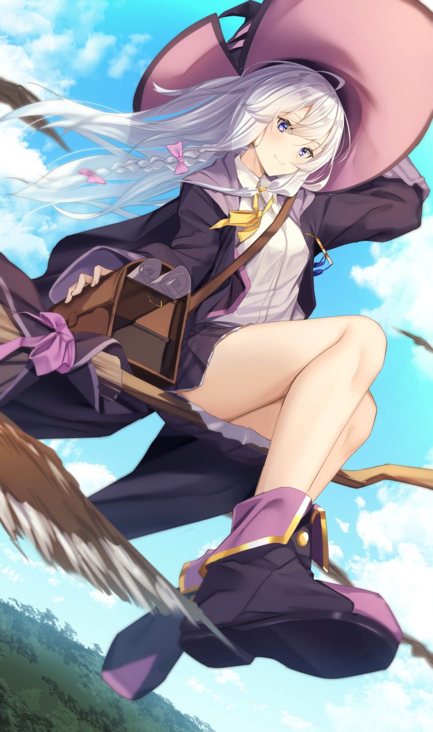 1girl absurdres asymmetrical_hair bag bangs bare_legs blue_eyes bow braid broom broom_riding clouds coat collared_shirt commentary_request elaina_(majo_no_tabitabi) from_below hair_bow hair_tubes hand_on_headwear hat highres long_hair looking_at_viewer majo_no_tabitabi neck_ribbon pallad pink_bow pleated_skirt ribbon satchel shirt shoulder_bag side_braid single_braid skirt sky smile solo white_hair white_shirt witch witch_hat yellow_neckwear