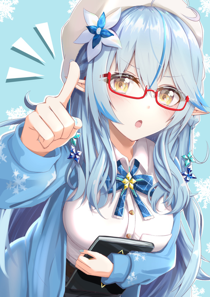 1girl absurdres bespectacled blue_background blue_hair blue_nails book borumete breasts flower glasses hair_flower hair_ornament hat highres hololive jacket long_hair looking_at_viewer open_mouth pointy_ears simple_background solo virtual_youtuber yellow_eyes yukihana_lamy