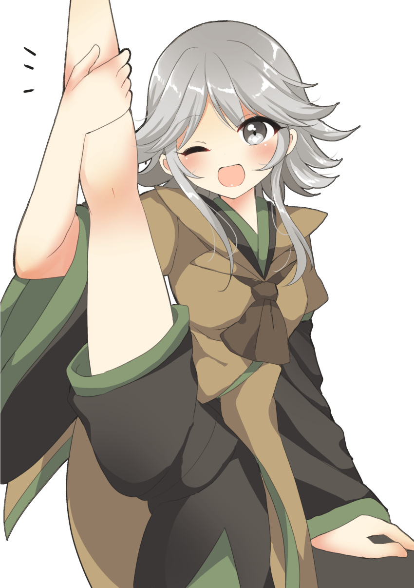 1other androgynous bow brown_coat coat grey_eyes highres houlen_yabusame leg_up len'en one_eye_closed open_mouth ougi_hina short_hair short_hair_with_long_locks shorts silver_hair smile solo split standing standing_on_one_leg standing_split