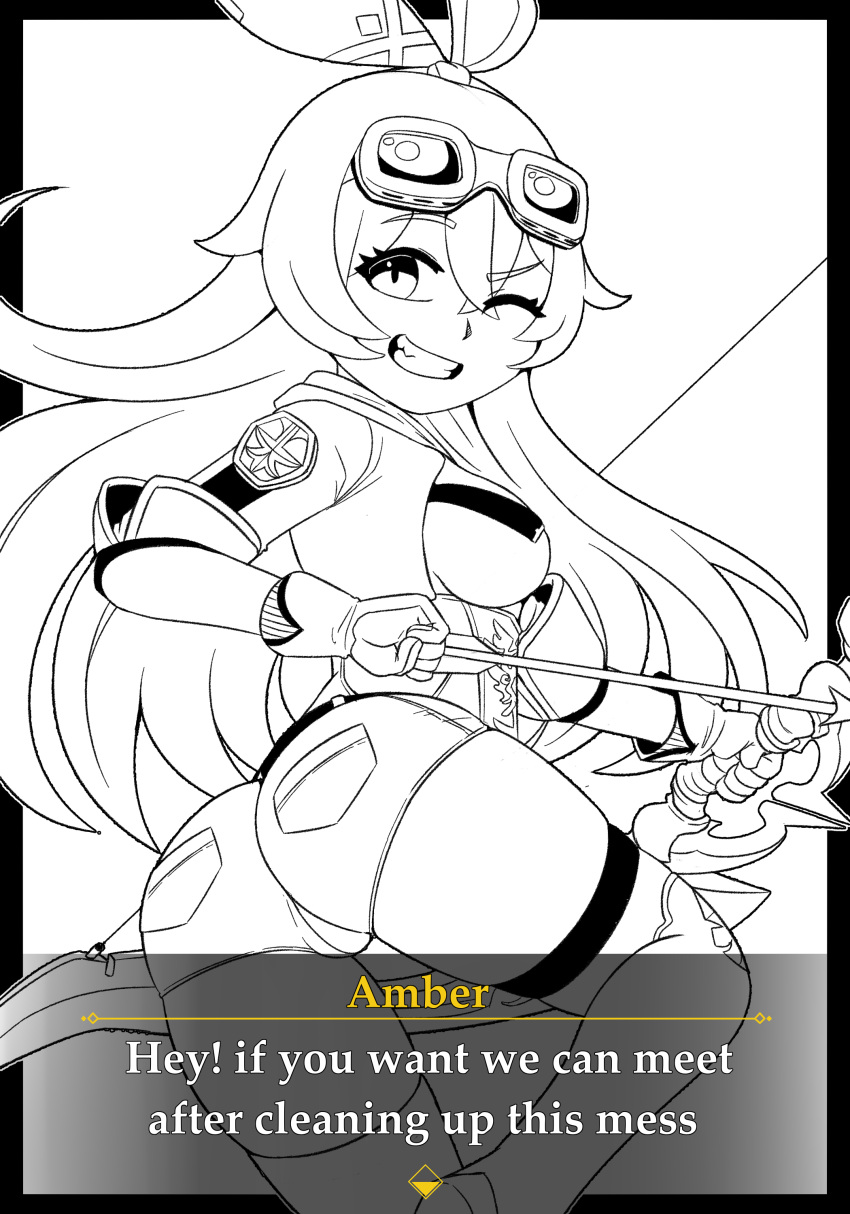 1girl absurdres amber_(genshin_impact) boots bow_(weapon) breasts english_text genshin_impact gloves goggles goggles_on_head hair_between_eyes hair_ornament hair_ribbon highres holding holding_bow_(weapon) holding_weapon looking_at_viewer looking_back monochrome one_eye_closed ribbon shorts smile thigh-highs thigh_boots thighs weapon xerican