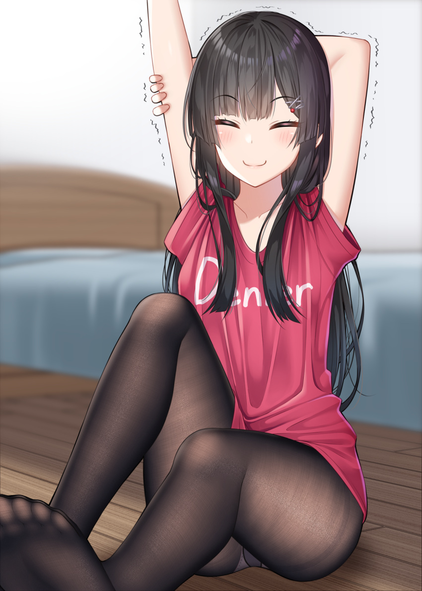 1girl arm_behind_head arm_grab bangs bed bedroom black_hair black_legwear blurry blurry_background blush closed_eyes clothes_writing commentary_request eyebrows_visible_through_hair feet gurande_(g-size) hair_ornament hairclip highres knee_up narumiya_tsukasa no_shoes original pantyhose red_shirt red_t-shirt shirt short_sleeves sidelocks sitting smile solo stretch t-shirt toes trembling wooden_floor