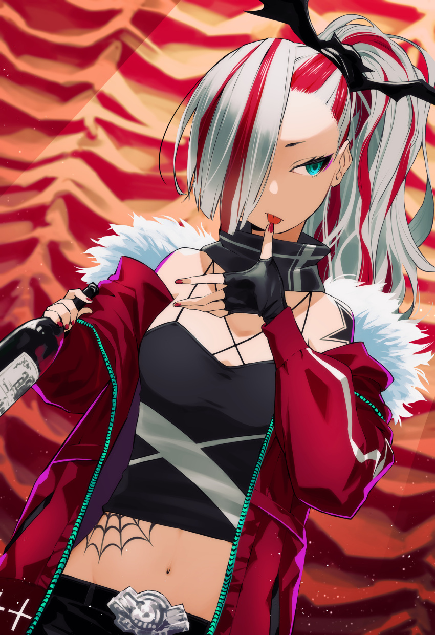 1girl absurdres black_gloves blue_eyes bottle breasts eyeliner fingerless_gloves fur_trim gloves hair_over_one_eye highres jacket makeup midriff multicolored_hair navel omagacchu original ponytail red_gloves redhead silver_hair tattoo tongue tongue_out two-tone_hair