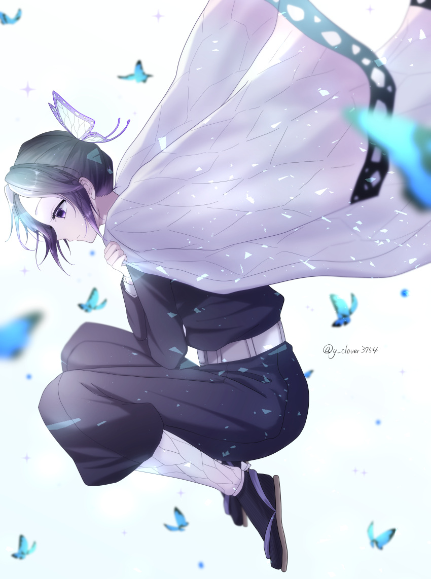 1girl absurdres belt black_hair blue_butterfly blurry blurry_background bug butterfly butterfly_hair_ornament c_lover128 closed_mouth gradient_hair hair_ornament haori highres insect japanese_clothes kimetsu_no_yaiba kochou_shinobu long_sleeves looking_down multicolored_hair purple_hair short_hair simple_background solo violet_eyes white_background