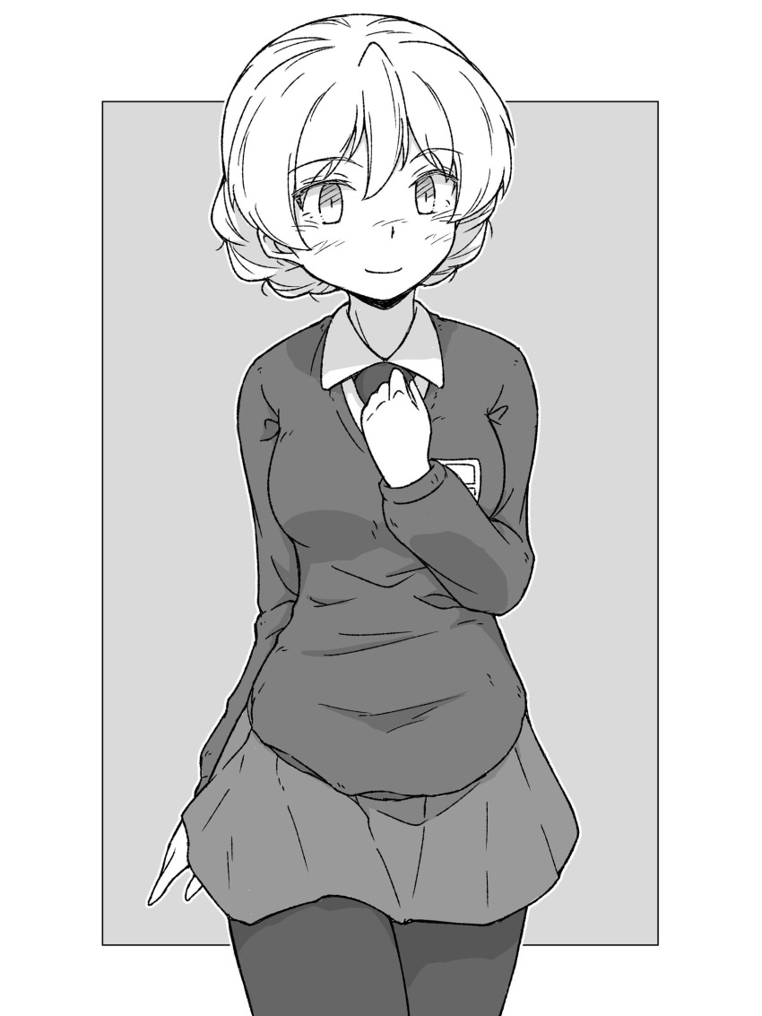 1girl absurdres arm_behind_back bangs braid closed_mouth commentary_request cowboy_shot darjeeling_(girls_und_panzer) dress_shirt emblem eyebrows_visible_through_hair girls_und_panzer greyscale hand_on_own_chest highres long_sleeves looking_at_viewer miniskirt monochrome necktie outside_border pantyhose partial_commentary pleated_skirt renshiu school_uniform shirt short_hair skirt smile solo st._gloriana's_school_uniform standing sweater tied_hair twin_braids v-neck wing_collar