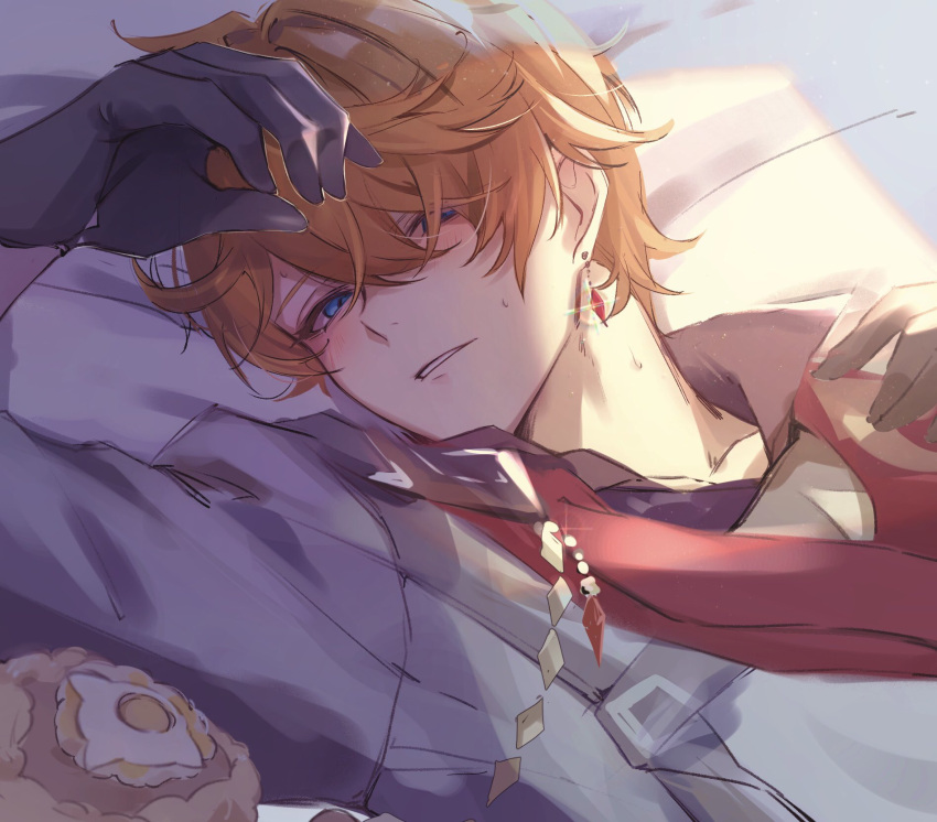 1boy arm_up bangs bed_sheet black_gloves blue_eyes blush crossed_bangs genshin_impact gloves gumilkx hair_between_eyes highres jacket jewelry lying male_focus on_back orange_hair parted_lips red_scarf scarf single_earring solo sweat tartaglia_(genshin_impact) upper_body