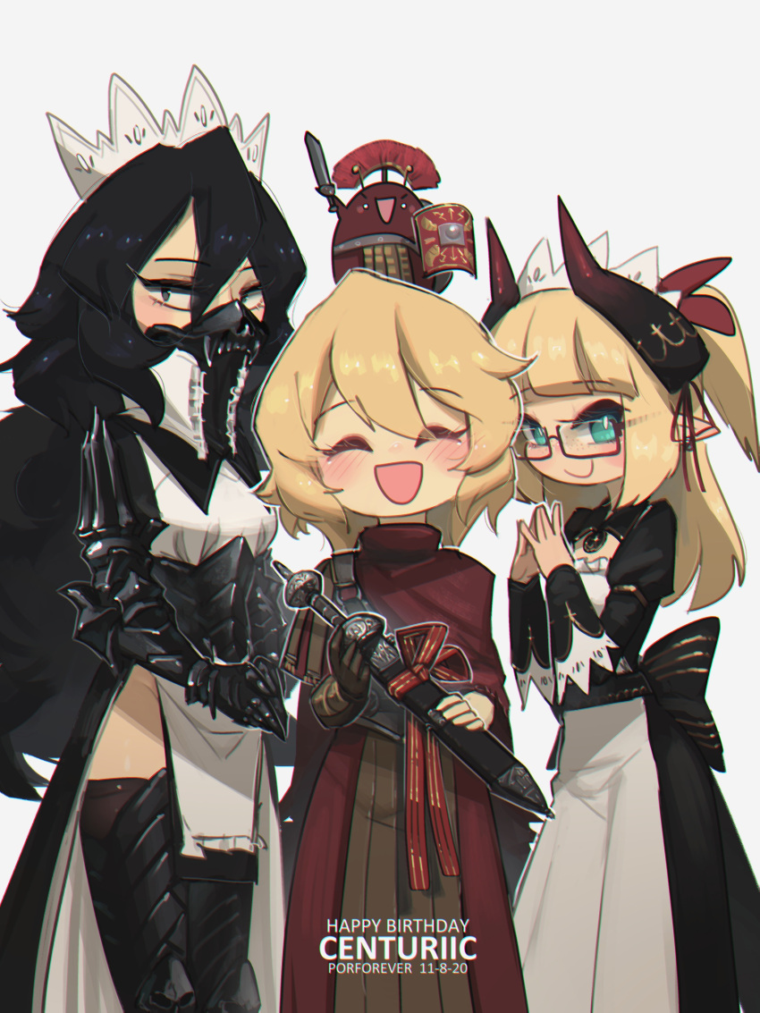 1other 3girls :d absurdres arm_armor armor birthday black_eyes black_hair black_legwear blonde_hair blue_eyes bow cape centurii-chan closed_eyes english_commentary english_text executioner_maid_(centuriic) flareze_(porforever) glasses highres horns long_sleeves looking_at_viewer maid_headdress mask medium_hair mouth_mask multiple_girls open_mouth original pelvic_curtain pointy_ears porforever red_cape sheath sheathed simple_background skirt smile sword thigh-highs weapon white_background
