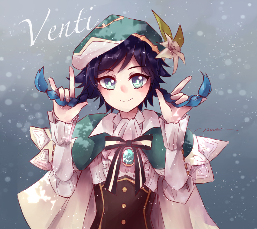 1boy \m/ absurdres amahara_nue bangs black_hair blue_hair bow braid cape closed_mouth eyebrows_visible_through_hair flower frilled_sleeves frills gem genshin_impact gradient_hair green_eyes green_headwear grey_background hair_between_eyes hand_in_hair hat hat_flower highres holding holding_hair jewelry leaf long_sleeves looking_at_viewer male_focus multicolored_hair otoko_no_ko simple_background smile solo twin_braids venti_(genshin_impact) white_flower