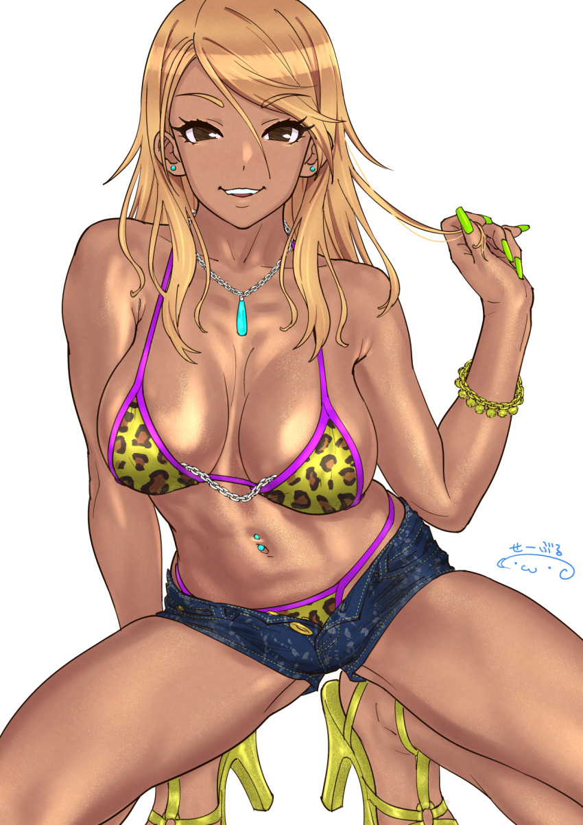 1girl :d animal_print bikini blonde_hair bracelet breasts brown_eyes dark_skin dark-skinned_female earrings green_nails gyaru high_heels highres idolmaster idolmaster_shiny_colors izumi_mei jewelry leopard_print long_hair looking_at_viewer navel navel_piercing necklace open_mouth piercing shiny shiny_skin short_shorts shorts simple_background smile solo spread_legs squatting suna swimsuit teeth white_background