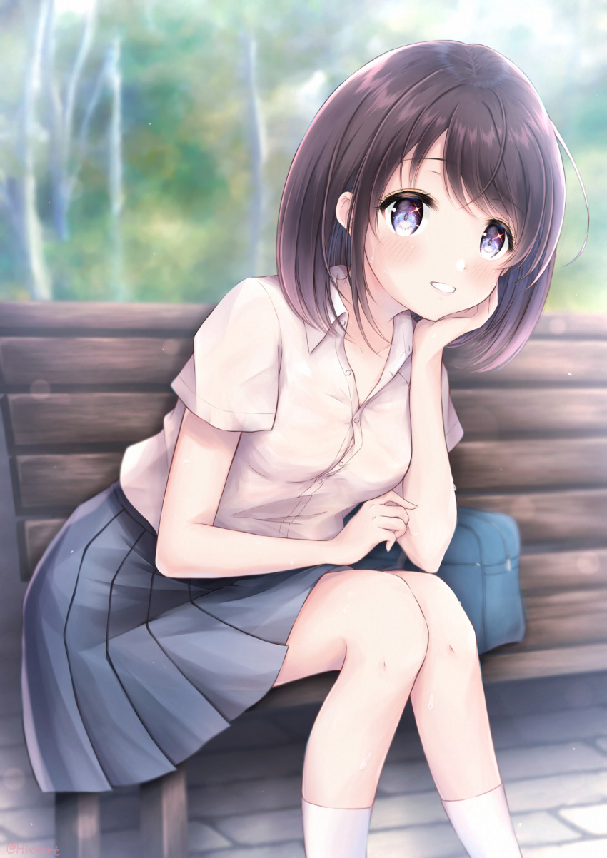 1girl bag bangs bench black_hair blue_eyes blue_skirt blurry blurry_background blush breasts calf_socks commentary_request day elbow_on_knee elbow_rest feet_out_of_frame grin head_on_hand head_rest highres kirameki_no_hiroto knees_together leaning_forward medium_breasts original outdoors parted_lips pleated_skirt school_bag sett shirt short_hair short_sleeves sitting sitting_on_bench skirt smile solo sweat swept_bangs tree white_legwear white_shirt