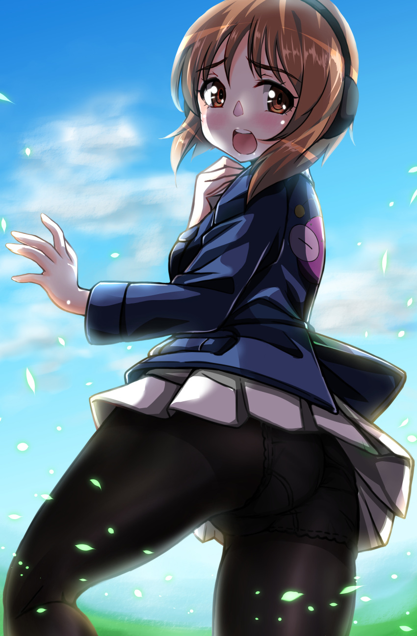 1girl absurdres anglerfish ass bangs black_legwear blue_jacket blue_sky blurry blurry_background brown_eyes brown_hair clouds cloudy_sky commentary crotch_seam day emblem eyebrows_visible_through_hair from_behind frown girls_und_panzer hand_on_own_throat headphones highres jacket kentap lace-trimmed_panties lace_trim long_sleeves looking_at_viewer looking_back military military_uniform miniskirt nishizumi_miho ooarai_military_uniform open_mouth outdoors panties panties_under_pantyhose pantyhose pantyshot petals pleated_skirt shirt short_hair skirt sky solo standing underwear uniform white_skirt wind wind_lift
