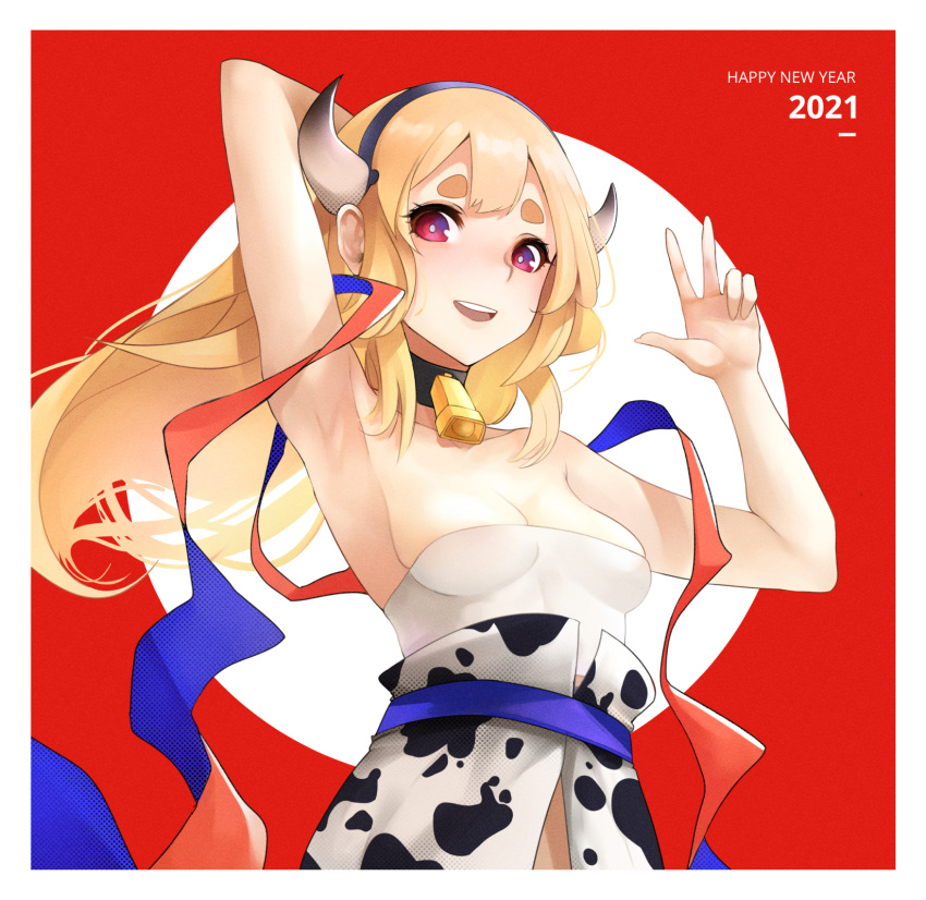 1girl 2021 animal_print armpits bell bell_collar blonde_hair breasts collar cow_horns cow_print fake_horns happy_new_year highres horns long_hair looking_at_viewer new_year noir_(4chan) obi open_mouth orange_ribbon original pink_eyes red_background ribbon round_teeth sash short_eyebrows small_breasts strapless teeth thick_eyebrows tubetop