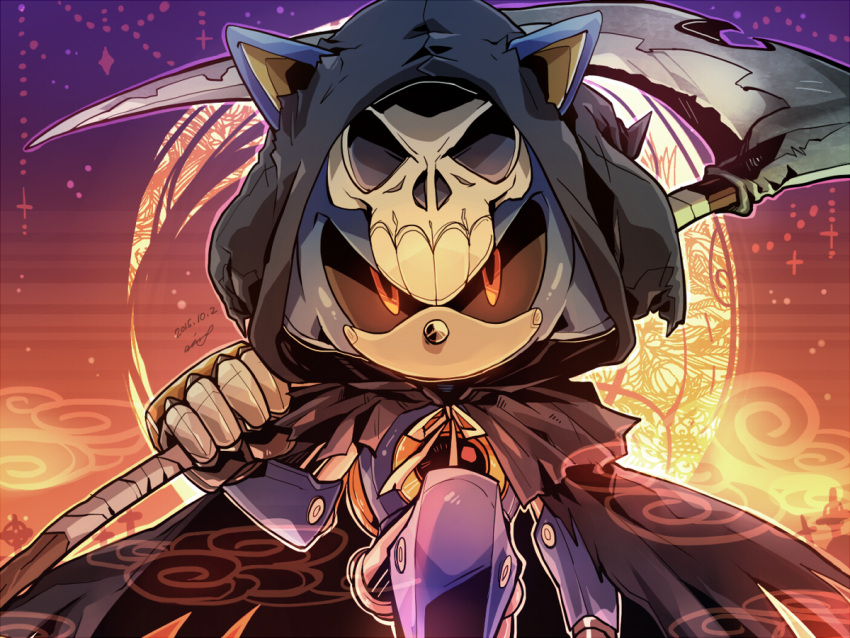 1boy aimf animal_ears artist_name black_cape black_sclera blue_armor bow cape colored_sclera cross dated english_commentary fake_animal_ears fake_claws gradient_background halloween halloween_costume hand_up hedgehog hedgehog_ears holding holding_scythe holding_weapon hood looking_at_viewer male_focus mask metal_sonic multicolored_background pointy_nose purple_background red_background red_eyes robot scythe skull_mask smoke solo sonic_(series) standing star_(symbol) weapon white_bow