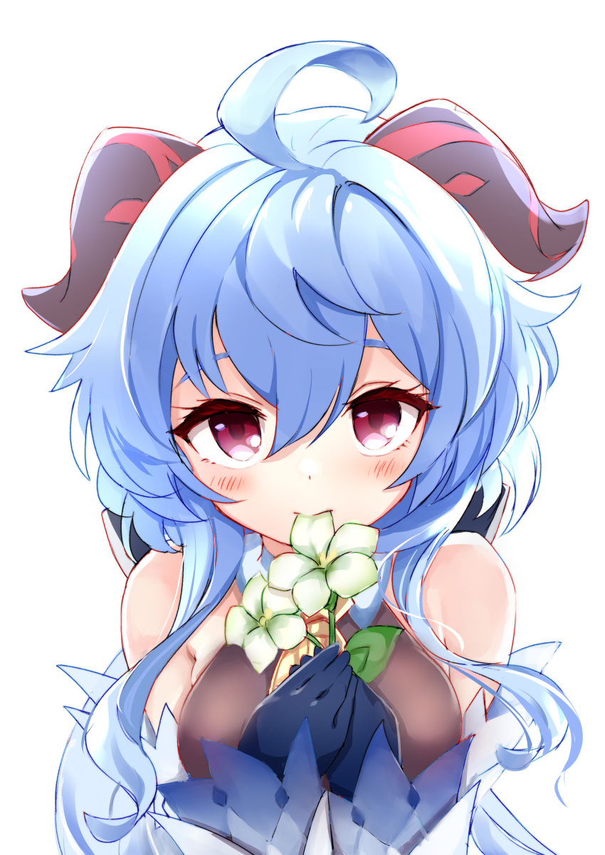 1girl absurdres ahoge bangs bare_shoulders black_gloves blue_hair blush breasts brown_bodysuit closed_mouth commentary_request curled_horns eyebrows_behind_hair flower ganyu_(genshin_impact) genshin_impact gloves hair_between_eyes hands_up highres holding holding_flower horns long_hair long_sleeves looking_at_viewer medium_breasts simple_background sleeves_past_wrists solo sota upper_body violet_eyes white_background white_flower wide_sleeves