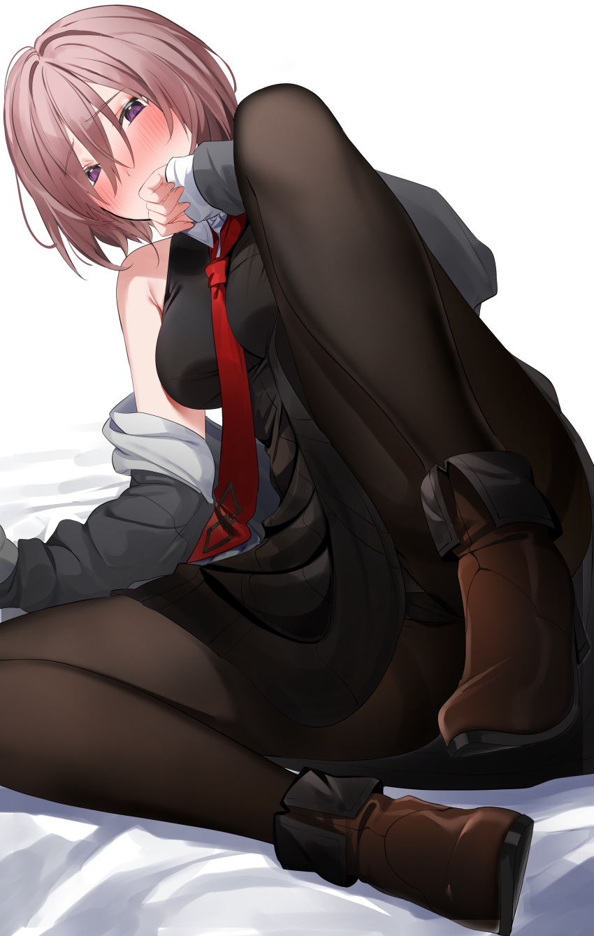 1girl absurdres black_legwear blush breasts covering_mouth fate/grand_order fate_(series) hair_between_eyes highres looking_at_viewer lying mash_kyrielight medium_breasts necktie pantyhose pink_hair red_neckwear shoes short_hair simple_background thighs violet_eyes xretakex