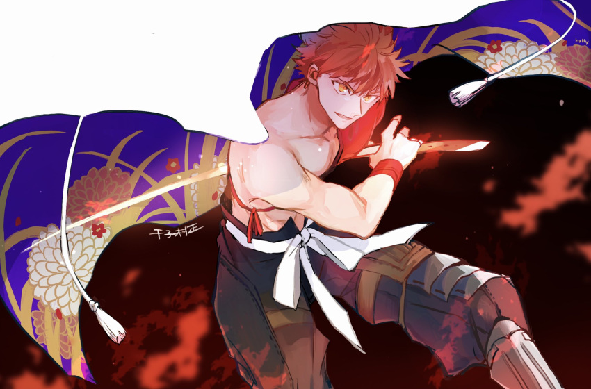 1boy bangs character_name cowboy_shot emiya_shirou fate/grand_order fate_(series) floral_print hally highres holding holding_sword holding_weapon limited/zero_over male_focus open_mouth parted_lips ready_to_draw redhead sengo_muramasa_(fate) shirtless solo sword tassel under_covers weapon wristband yellow_eyes
