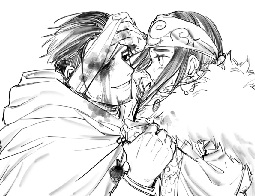 1boy 1girl ainu ainu_clothes asirpa bandaged_head bandages bandana black_eyes black_hair blood blood_on_face cape couple ear_piercing earrings eye_contact face-to-face facial_hair fingernails from_side fur_cape golden_kamuy greyscale hair_slicked_back hair_strand hand_on_own_head hetero highres holding_another's_arm hood hood_down hooded_cape hoop_earrings imperial_japanese_army jewelry lemonade2333 long_hair long_sleeves looking_at_another military military_uniform monochrome ogata_hyakunosuke one_eye_covered parted_lips piercing scar scar_on_cheek scar_on_face short_hair simple_background smile stubble sweat undercut uniform upper_body white_background white_cape wide_sleeves