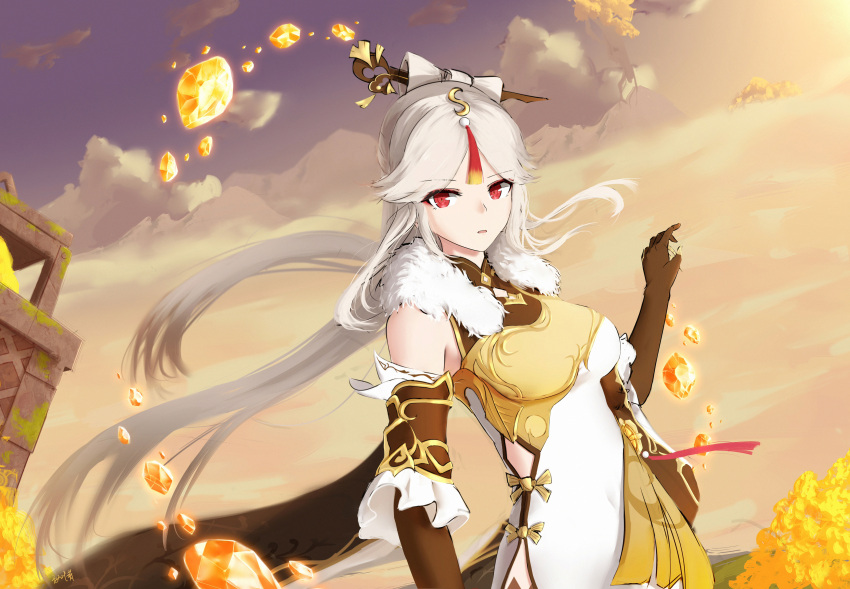 1girl absurdres bangs bare_shoulders black_gloves breasts china_dress chinese_clothes clouds cloudy_sky day dd_(897671246) dress elbow_gloves eyebrows_visible_through_hair floating_rock frilled_sleeves frills fur fur_collar gem genshin_impact gloves hair_ornament hairpin highres huge_filesize large_breasts long_hair looking_at_viewer ningguang parted_bangs red_eyes sidelocks sky solo tassel very_long_hair white_hair