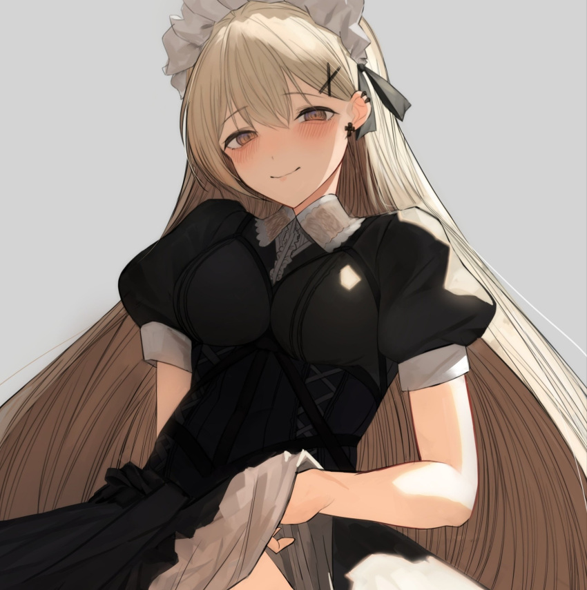 1girl bangs blonde_hair blush breasts dress dress_lift earrings error frilled_hairband frills girls_frontline gothic_lolita hairband highres jewelry light_brown_eyes lolita_fashion long_hair medium_breasts ppk_(girls_frontline) puffy_short_sleeves puffy_sleeves ra_9rara short_sleeves smile solo very_long_hair