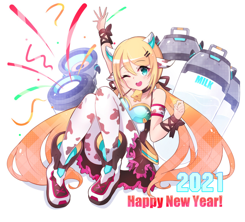 1girl :d absurdres animal_print aqua_eyes bare_shoulders bell blonde_hair breasts cawang chinese_zodiac cow_girl cow_print cowbell english_text full_body happy_new_year highres long_hair looking_at_viewer milk_churn new_year one_eye_closed open_mouth original pantyhose shoes simple_background sitting smile twintails very_long_hair waving white_background year_of_the_ox
