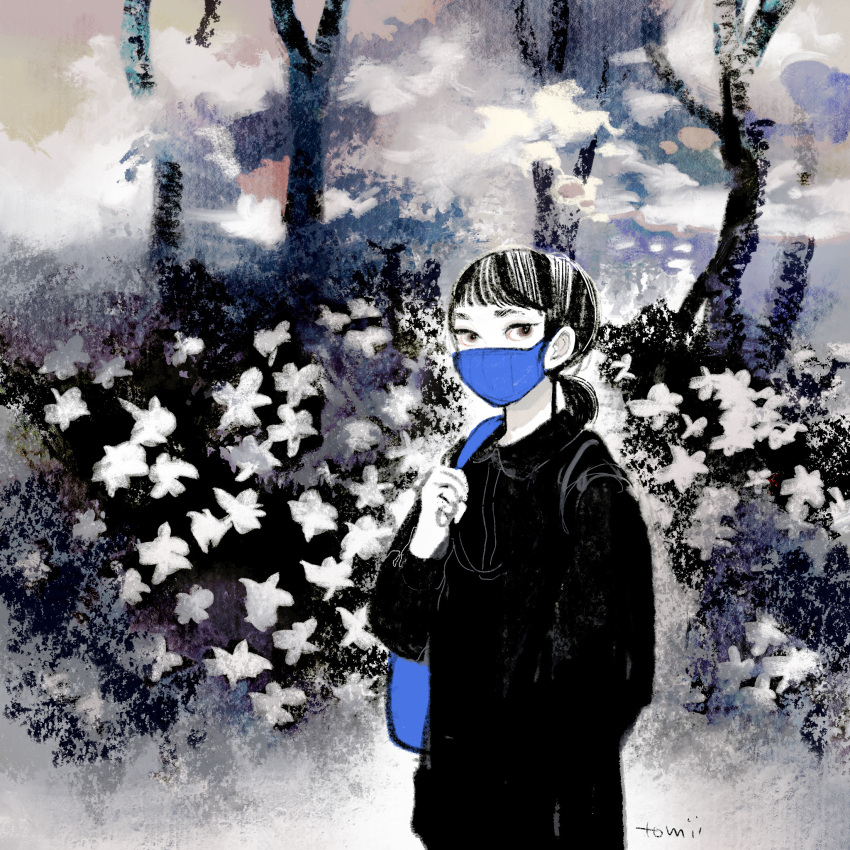 1girl bag bangs black_eyes black_hair black_shirt blue_bag blue_mask collared_shirt flower highres mask medium_hair mouth_mask original plant ponytail procreate_(medium) shirt shoulder_bag signature solo surgical_mask tomidoron upper_body white_flower