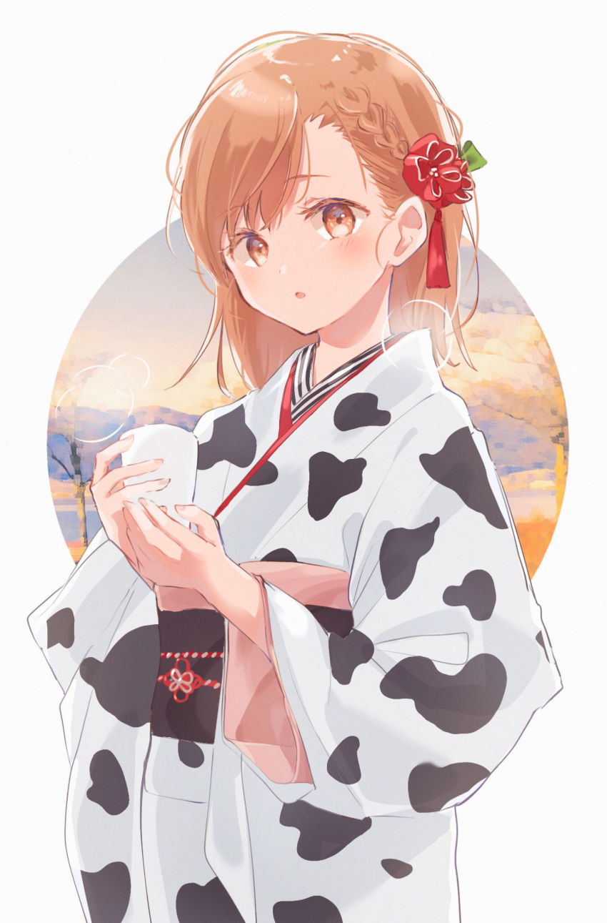 1girl :o animal_print bangs blush braid brown_eyes brown_hair chinese_zodiac cow_print cup eyebrows_visible_through_hair hair_ornament hands_up highres himaneko. holding holding_cup japanese_clothes kimono long_sleeves looking_at_viewer misaka_mikoto obi parted_lips print_kimono sash solo to_aru_kagaku_no_railgun to_aru_majutsu_no_index white_background white_kimono wide_sleeves year_of_the_ox