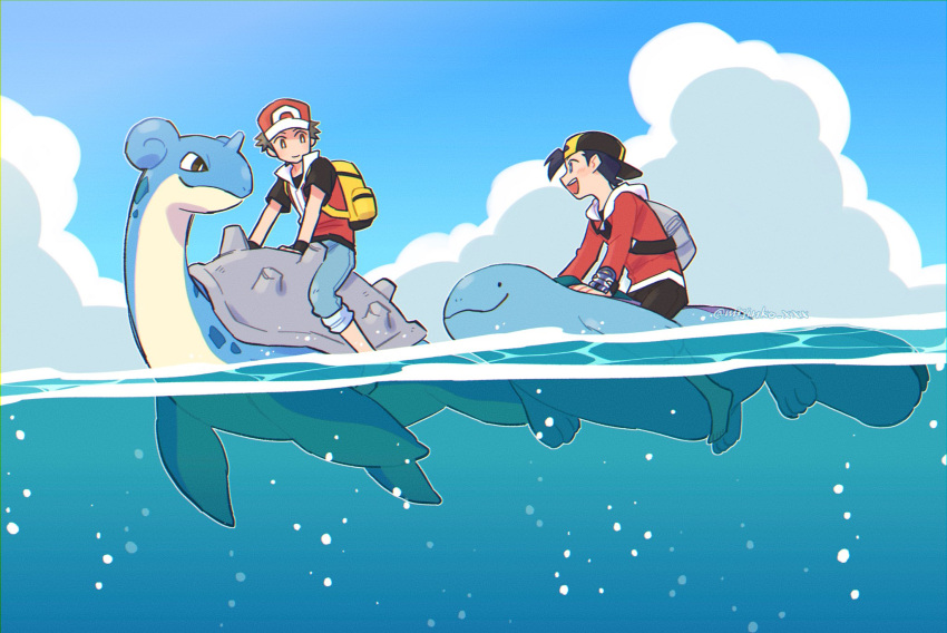 2boys artist_name backpack backwards_hat bag barefoot baseball_cap black_hair black_wristband brown_hair closed_mouth clouds commentary_request day ethan_(pokemon) eye_contact gen_1_pokemon gen_2_pokemon hat highres jacket lapras long_sleeves looking_at_another looking_back male_focus miji_(mijinkokko) multiple_boys open_mouth outdoors pants pants_rolled_up partially_underwater_shot pokemon pokemon_(creature) pokemon_(game) pokemon_frlg pokemon_hgss quagsire red_(pokemon) short_sleeves sky smile water watermark yellow_bag