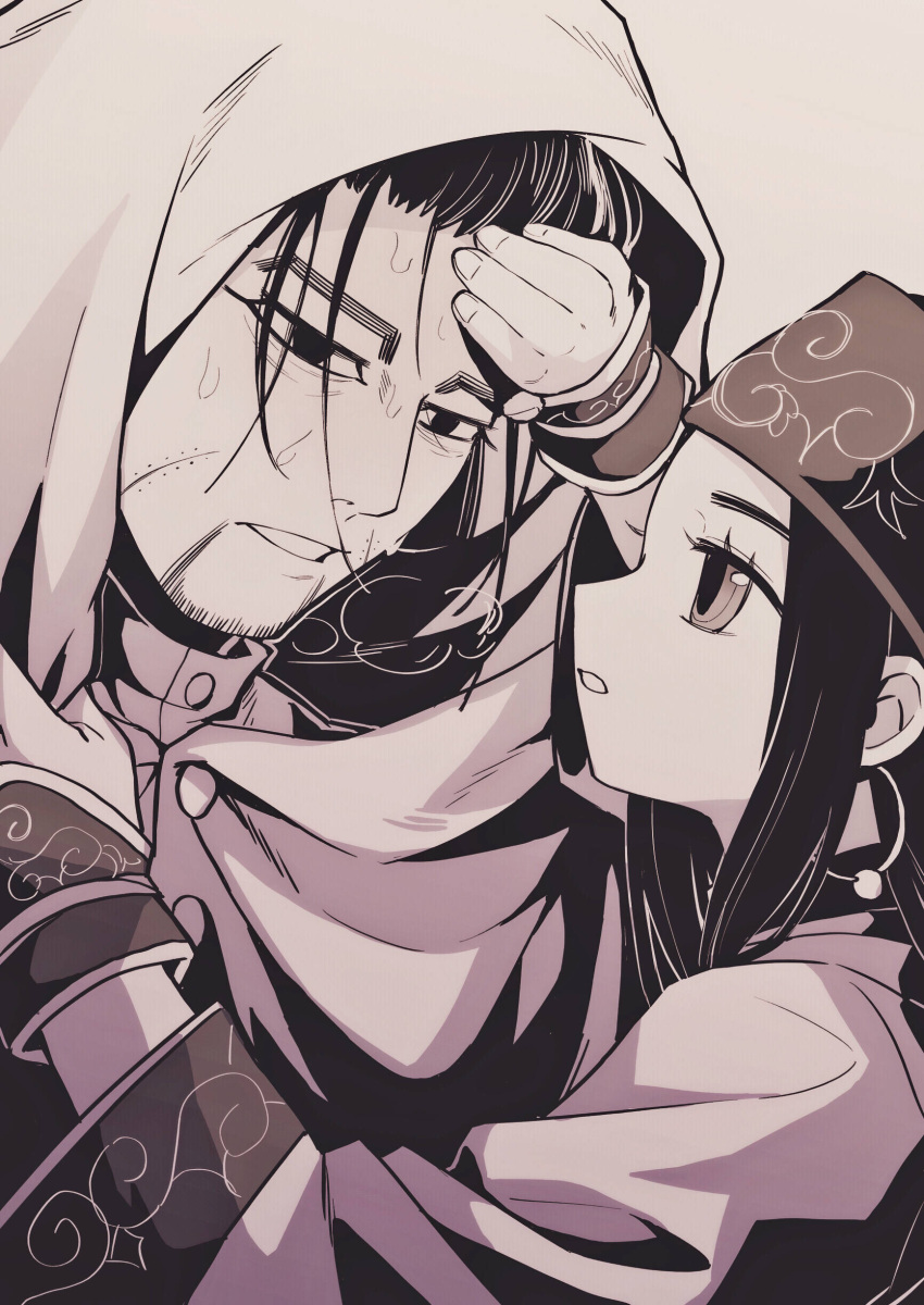 1boy 1girl absurdres ainu ainu_clothes arm_up asirpa bandana black_eyes black_hair cape collared_jacket ear_piercing earrings facial_hair fever golden_kamuy greyscale hair_slicked_back hair_strand hand_on_another's_face hand_up highres hood hood_up hooded_cape hoop_earrings imperial_japanese_army jewelry lemonade2333 long_hair long_sleeves looking_at_another looking_down military military_uniform monochrome ogata_hyakunosuke parted_lips piercing scar scar_on_cheek scar_on_face short_hair sidelocks simple_background stubble sweat uniform upper_body white_cape wide_sleeves