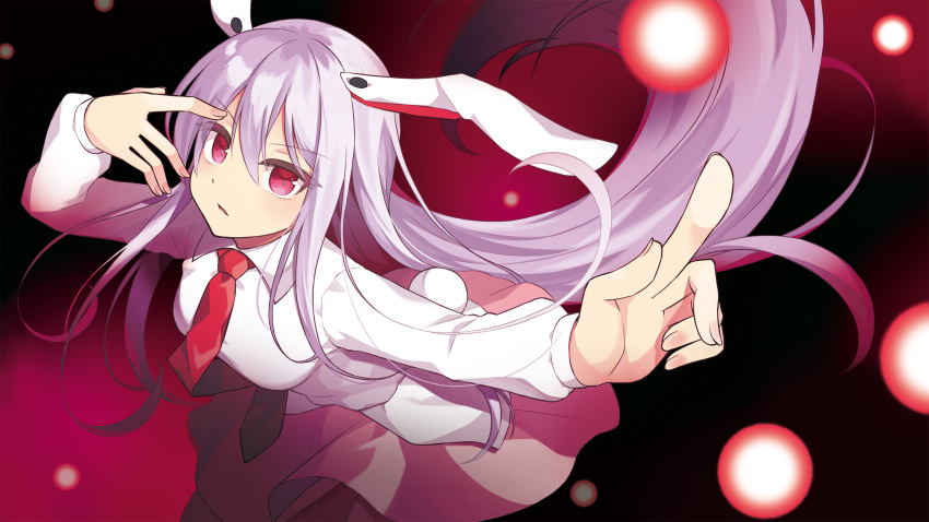 1girl animal_ears bangs beni_kurage blouse breasts bunny_tail collared_blouse commentary_request danmaku glowing hair_between_eyes hand_over_eye highres large_breasts long_hair long_sleeves nail_polish necktie pink_skirt pleated_skirt pointing purple_hair rabbit_ears red_eyes reisen_udongein_inaba skirt solo tail touhou very_long_hair white_blouse