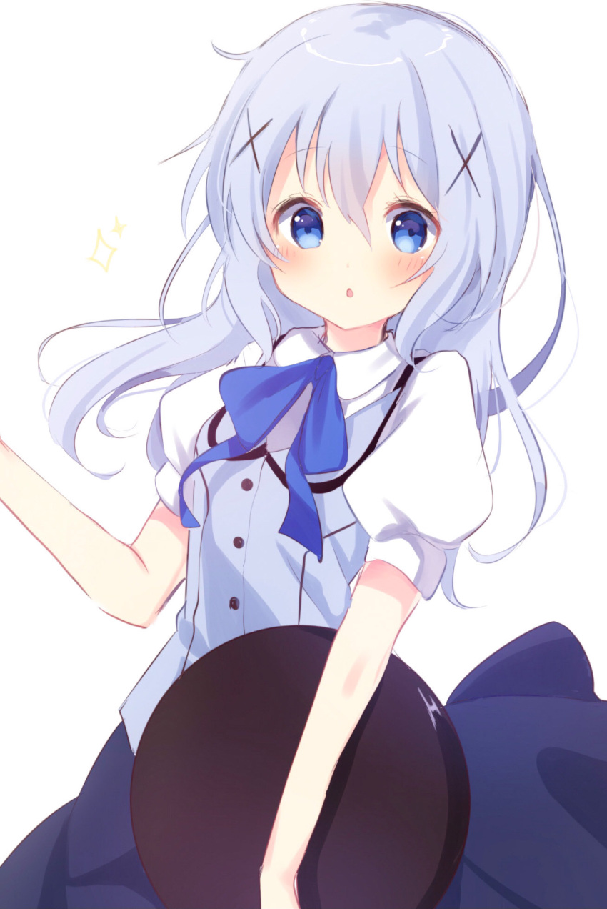 1girl bangs black_skirt blue_bow blue_eyes blue_hair blue_vest blush bow collared_shirt eyebrows_visible_through_hair gochuumon_wa_usagi_desu_ka? hair_between_eyes hair_ornament highres himaneko. holding holding_tray kafuu_chino long_hair looking_at_viewer parted_lips pleated_skirt puffy_short_sleeves puffy_sleeves rabbit_house_uniform shirt short_sleeves simple_background skirt solo tray uniform vest waitress white_background white_shirt x_hair_ornament