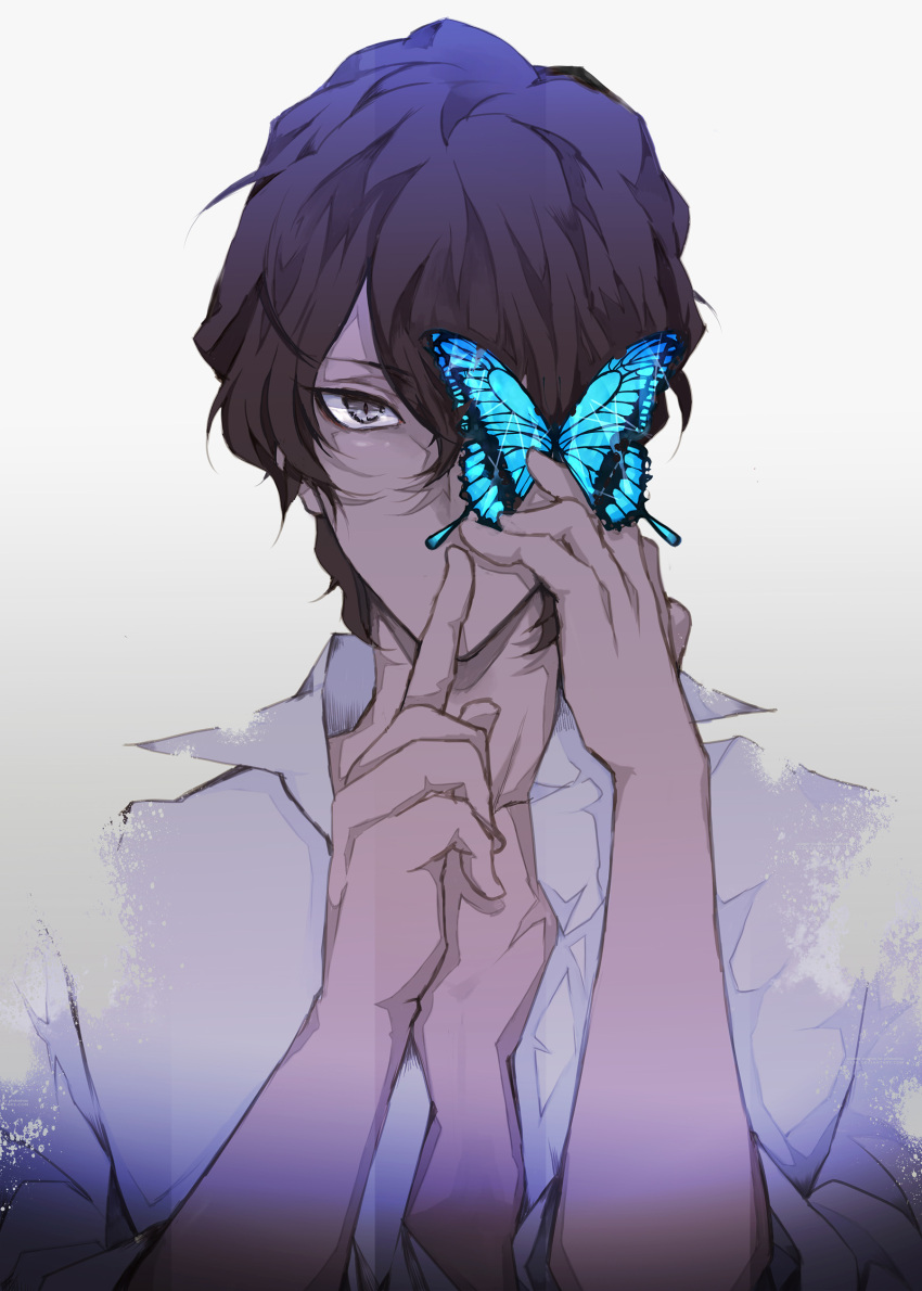 1boy absurdres arjuna_(fate/grand_order) bangs black_hair bug butterfly collared_shirt fate/grand_order fate_(series) finger_to_mouth grey_eyes hair_over_eyes highres insect male_focus open_clothes open_shirt shirt solo tan upper_body white_background yukimushi_(fuyumushi_la)