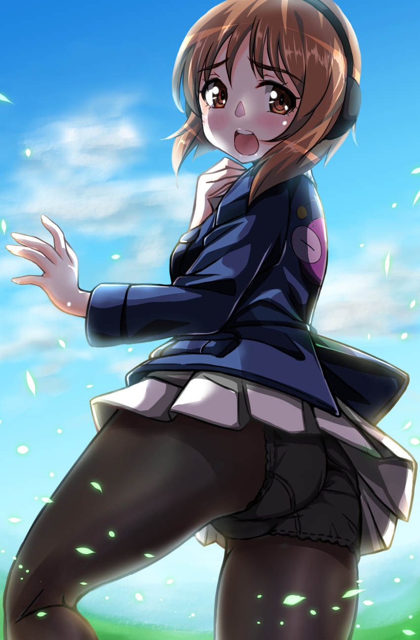 1girl absurdres anglerfish ass bangs black_legwear blue_jacket blue_sky blurry blurry_background brown_eyes brown_hair clouds cloudy_sky commentary crotch_seam day emblem eyebrows_visible_through_hair from_behind frown girls_und_panzer hand_on_own_throat headphones highres jacket kentap lace-trimmed_panties lace_trim long_sleeves looking_at_viewer looking_back military military_uniform miniskirt nishizumi_miho ooarai_military_uniform open_mouth outdoors panties panties_under_pantyhose pantyhose pantyshot petals pleated_skirt shirt short_hair skirt sky solo standing underwear uniform white_skirt wind wind_lift