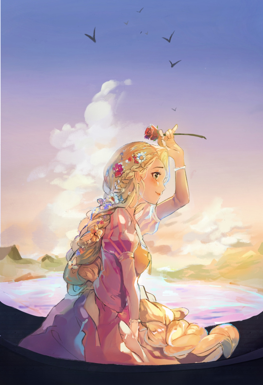 1girl absurdres bird blonde_hair blue_flower blue_sky braid breasts closed_mouth clouds cloudy_sky commentary_request dress english_commentary eyelashes flower from_side green_eyes hair_flower hair_ornament hand_on_lap hand_up happy highres holding holding_flower horizon juliet_sleeves light_blush long_braid long_hair long_sleeves looking_afar mountain orange_flower orange_sky outdoors procreate_(medium) profile puffy_sleeves purple_dress purple_flower rapunzel_(disney) red_flower red_rose rokku rose sideboob sitting sky small_breasts smile solo striped striped_sleeves sunset tangled tareme water white_flower yellow_sky