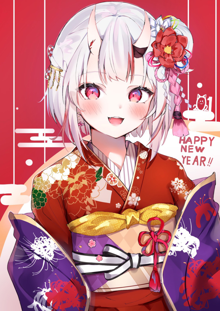 1girl :d auui blush commentary_request egasumi fang floral_print flower hair_bun hair_flower hair_ornament happy_new_year highres hololive horns japanese_clothes kimono looking_at_viewer multicolored_hair nakiri_ayame new_year obi off_shoulder oni oni_horns open_mouth print_kimono red_eyes red_flower red_kimono redhead sash side_bun smile solo streaked_hair upper_body virtual_youtuber white_flower white_hair