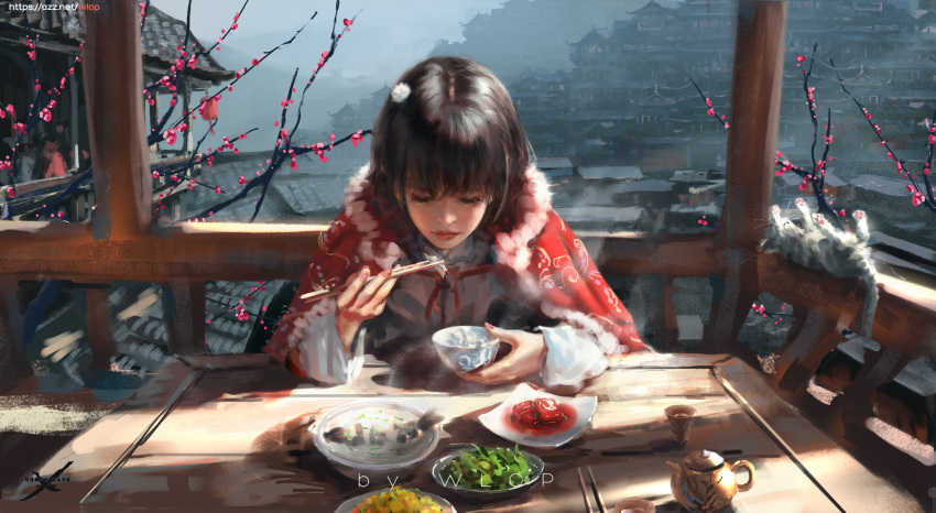 1girl architecture artist_name bangs black_hair cat chopsticks cloak closed_eyes day east_asian_architecture eating food ghostblade highres jade_(ghostblade) short_hair sitting solo teapot wlop