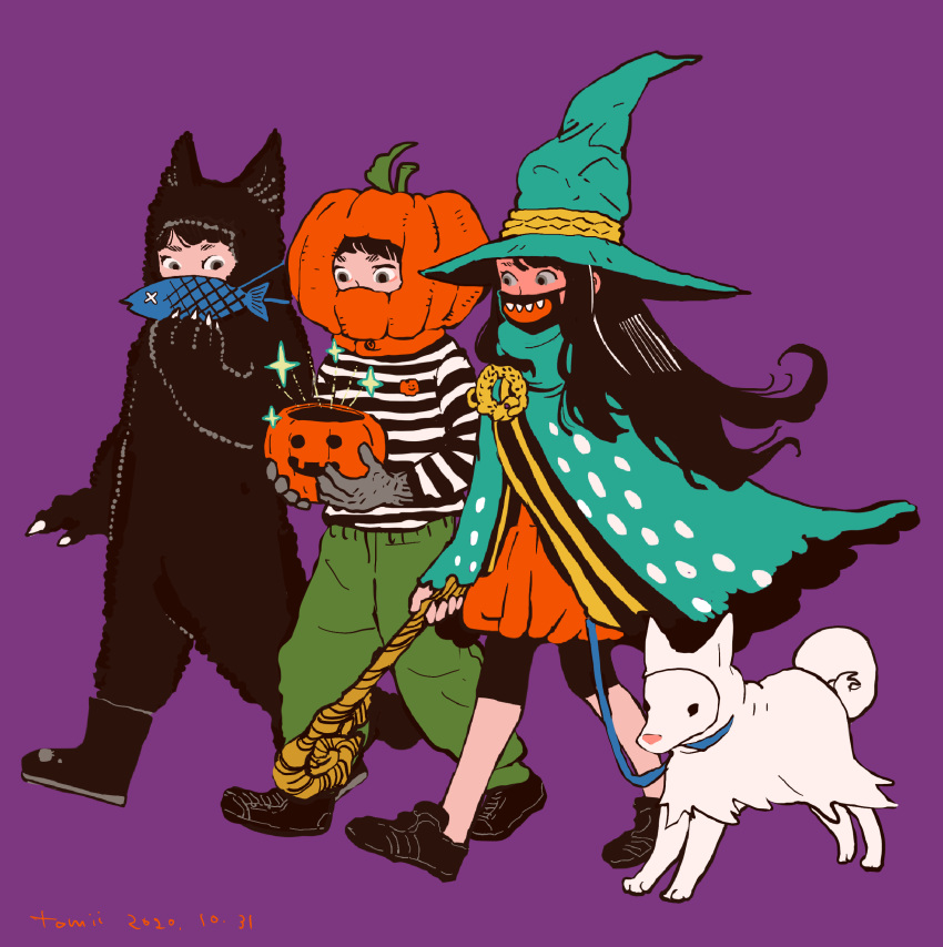 3girls absurdres ambiguous_gender animal animal_costume animal_ears aqua_cape aqua_headwear bangs black_footwear boots cape cat_costume dog_ears fish green_pants halloween halloween_bucket halloween_costume hat highres holding holding_animal holding_fish holding_jack-o'-lantern holding_staff jack-o'-lantern mask mouth_mask multiple_girls original pants print_mask purple_background shirt shoes simple_background staff striped striped_shirt tomidoron walking witch witch_hat