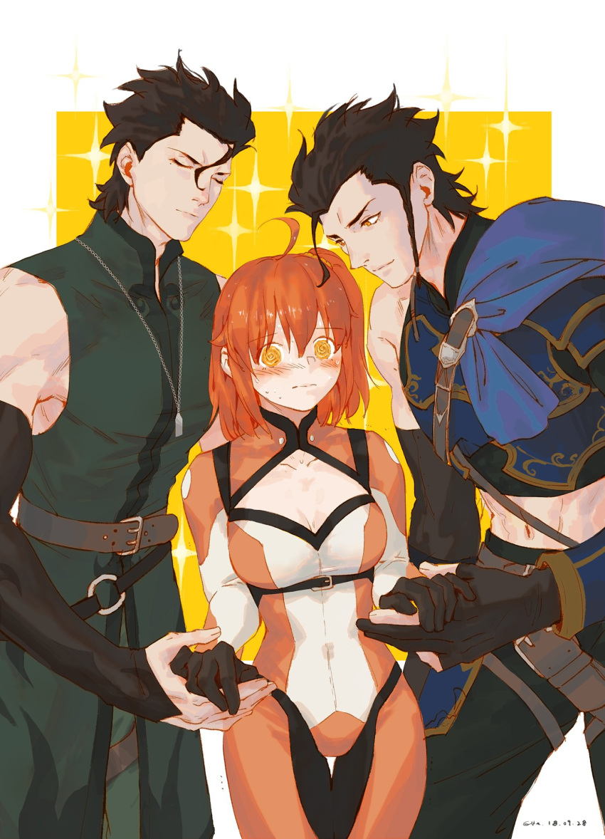 1girl 2boys ahoge armor black_hair blush chaldea_combat_uniform closed_eyes coat diarmuid_ua_duibhne_(fate/grand_order) elle_shengxuan_shi exposed_muscle fate/grand_order fate_(series) fujimaru_ritsuka_(female) green_coat highres holding_hands jewelry looking_at_another midriff multiple_boys necklace orange_eyes orange_hair orange_scrunchie scrunchie single_bare_shoulder sparkle