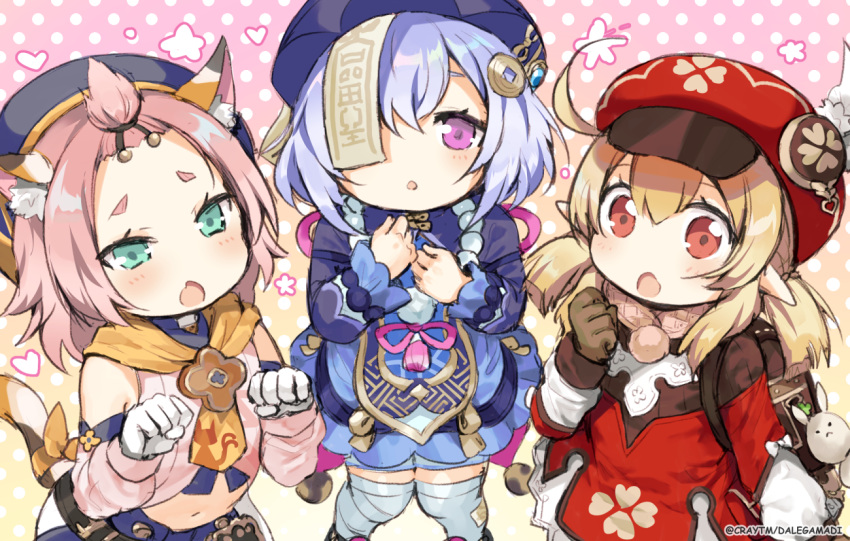 3girls :o ahoge animal_ear_fluff animal_ears bandaged_leg bandages bangs bangs_pinned_back blonde_hair blue_dress blue_hair blush brown_gloves cabbie_hat cat_ears cat_girl cat_tail commentary craytm cropped_jacket detached_sleeves diona_(genshin_impact) dress english_commentary eyebrows_visible_through_hair fang feathers genshin_impact gloves green_eyes hair_between_eyes hair_ornament hand_up hat hat_feather jacket klee_(genshin_impact) looking_at_viewer low_twintails multiple_girls navel ofuda open_mouth parted_lips pink_hair pink_shirt pink_sleeves polka_dot polka_dot_background purple_headwear purple_jacket qing_guanmao qiqi red_dress red_eyes red_headwear shirt sleeveless sleeveless_dress tail thick_eyebrows thigh-highs twintails violet_eyes watermark white_feathers white_gloves white_legwear
