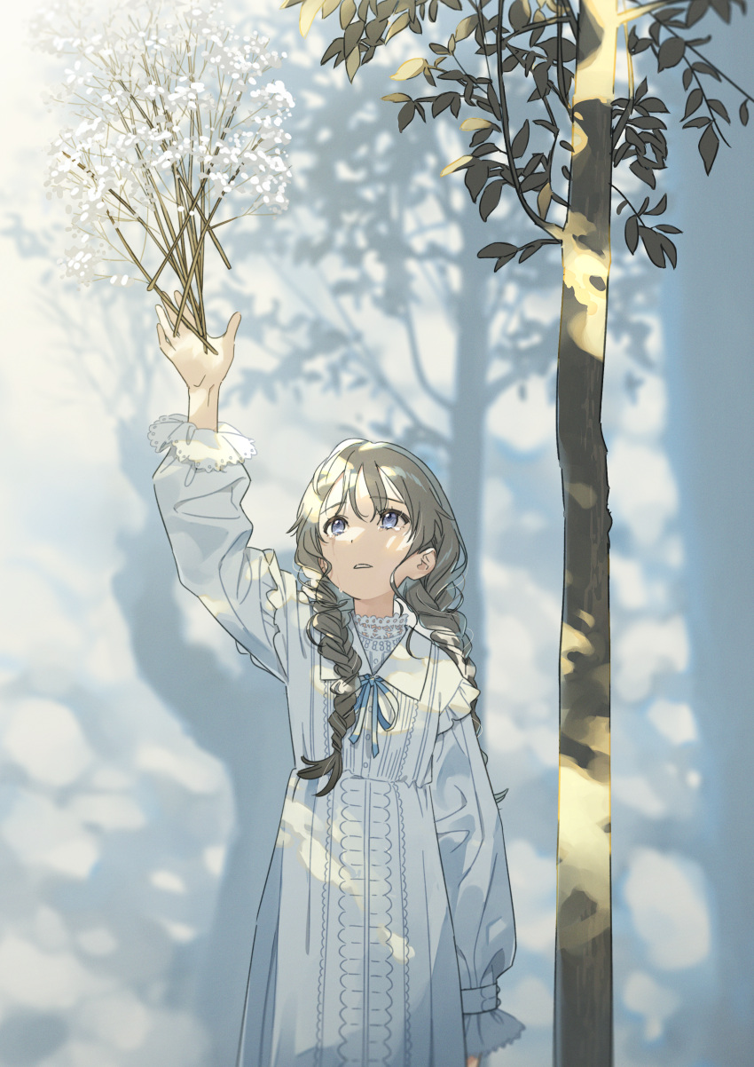 1girl absurdres arm_up bangs blue_eyes braid brown_hair collared_dress dappled_sunlight dress flower frilled_dress frills highres huge_filesize issindotai leaf long_sleeves original parted_lips shadow solo sunlight tears tree twin_braids upper_body white_dress white_flower