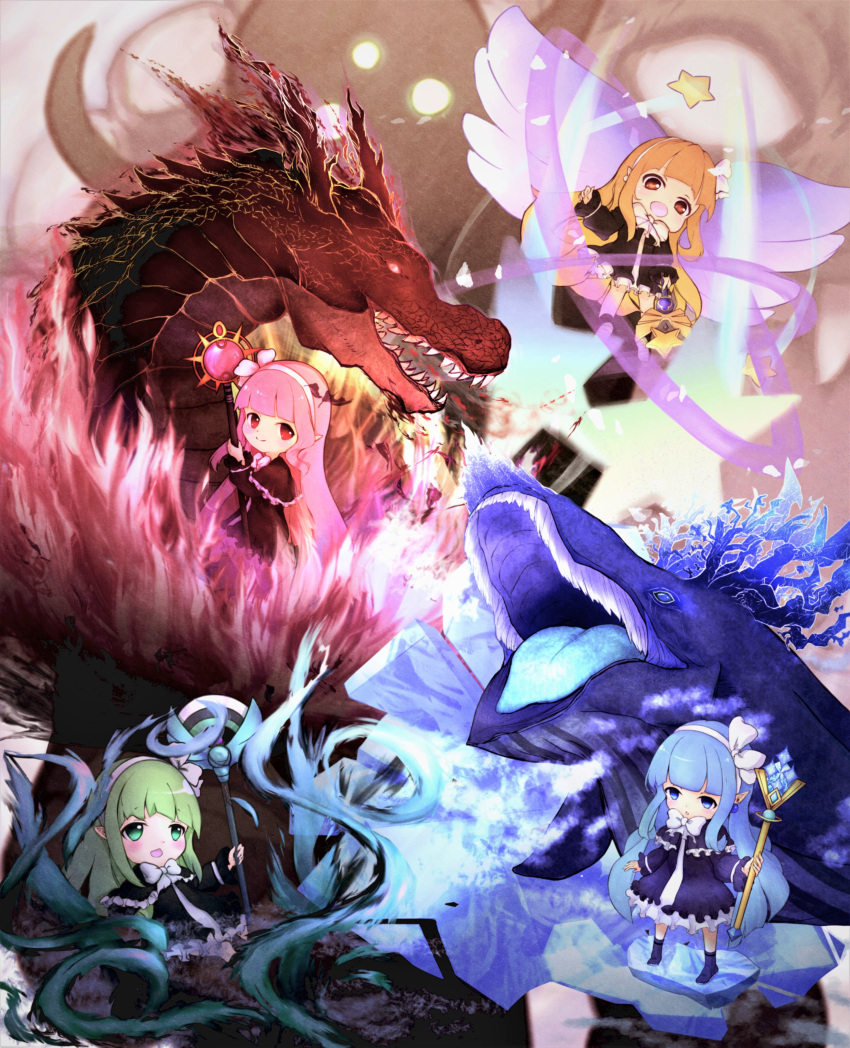 4girls absurdres blonde_hair blue_hair bow character_request chibi disgaea dragon dress fire flying full_body green_hair hair_bow highres holding holding_staff ice kiyotaka magic multiple_girls pink_hair pointy_ears sitting staff standing whale wings