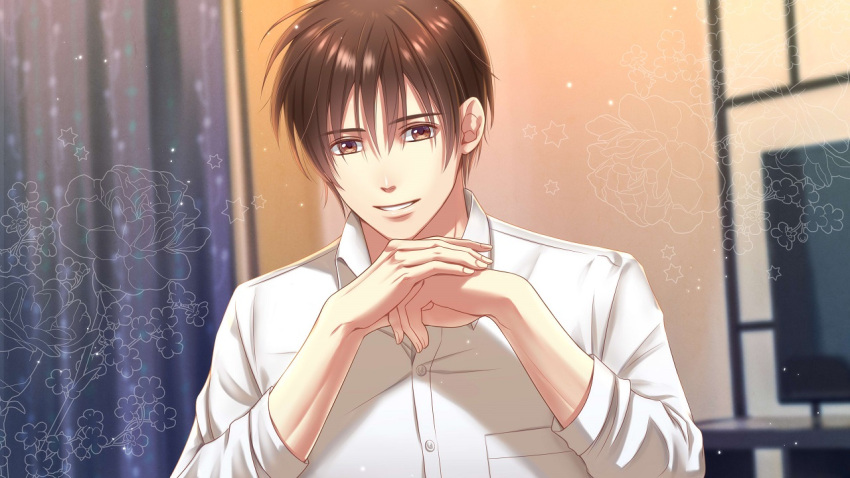 1boy blurry blurry_background brown_eyes brown_hair dress_shirt hands_together indoors izumi_(stardustalone) male_focus official_art original parted_lips shirt short_hair smile solo upper_body watermark white_shirt