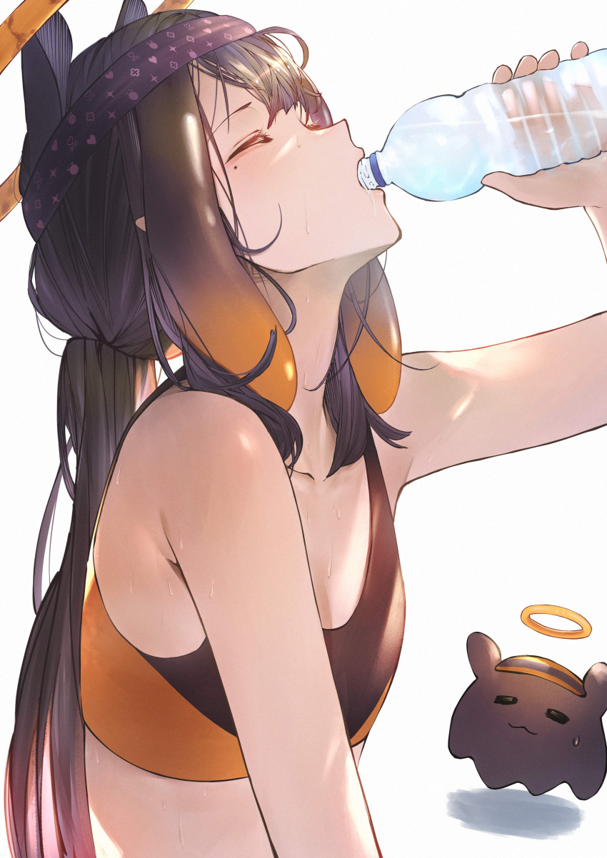 1girl absurdres bare_shoulders betabeet black_hair bottle closed_eyes drinking flat_chest halo highres hololive hololive_english long_hair mole mole_under_eye ninomae_ina'nis simple_background solo_focus sports_bra sportswear sweat sweatband tentacle_hair upper_body virtual_youtuber water_bottle white_background