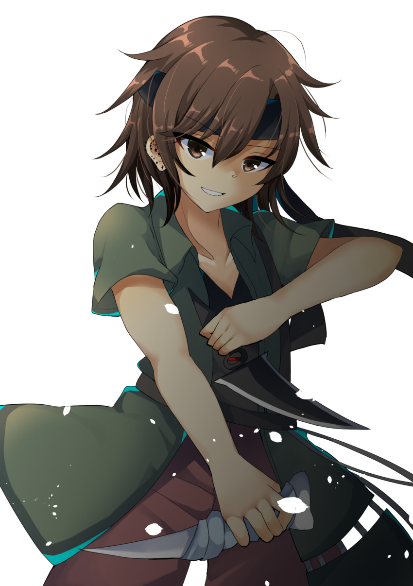 1other androgynous belt brown_eyes brown_hair coat dual_wielding headband highres holding holding_knife knife kurohebi len'en ougi_hina short_hair short_sleeves smile solo