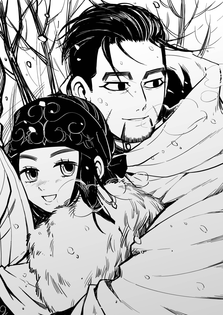 1boy 1girl :d absurdres ainu ainu_clothes asirpa bandana black_eyes black_hair blush breath buttons cape collared_jacket ear_piercing earrings facial_hair from_side fur_cape golden_kamuy greyscale hair_slicked_back hair_strand highres hood hood_down hooded_cape hoop_earrings hug hug_from_behind imperial_japanese_army jewelry lemonade2333 long_hair long_sleeves looking_at_viewer looking_away military military_uniform monochrome nose_blush ogata_hyakunosuke open_mouth outdoors parted_lips piercing scar scar_on_cheek scar_on_face short_hair simple_background smile snowflakes stubble tree undercut uniform upper_body white_background white_cape